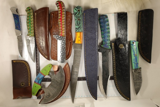 7 BRAND NEW KNIVES: 5 DAMASCUS STEEL & 2 CARBON