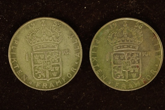 1955 & 1956 SWEDEN SILVER 1 KRONERS. .18 OZ. ASW