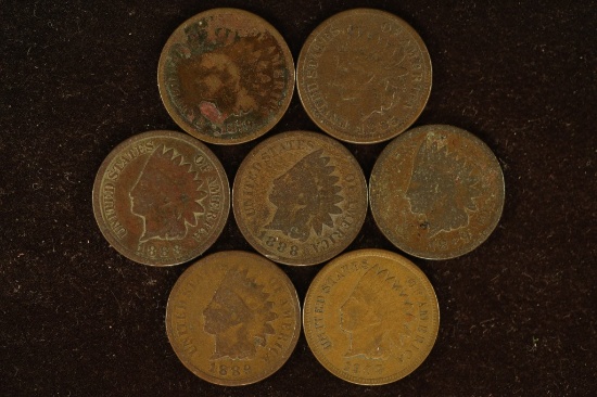 7 ASSORTED INDIAN HEAD CENTS: 1879, 1885, 2-1888,