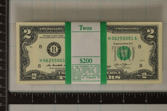 $200 BLOCK OF CU US $2 BILLS WITH CONSECUTIVE