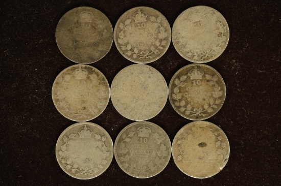 9 CANADA SILVER 10 CENT COINS: 1902, 1909, 1910,