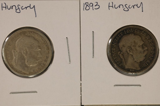 2-1893 HUNGARY SILVER 1 KORONA COINS .2684 OZ. ASW
