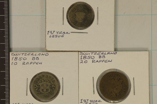 3-1850 SWITZERLAND RAPPEN COINS: 5, 10 & 20 BILLON
