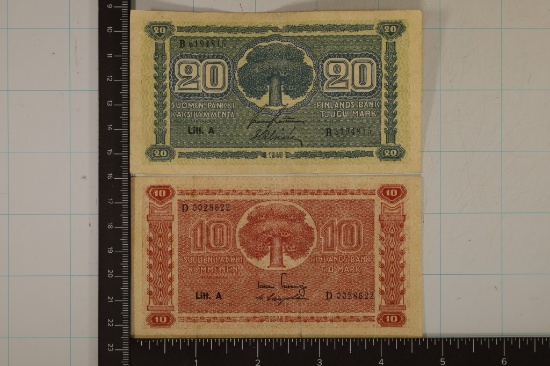 2-1945 BANK OF FINLAND BILLS: 10 & 20 MARKS