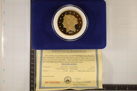 24KT GOLD CLAD REPLICA OF AN 1877 $50 HALF UNION