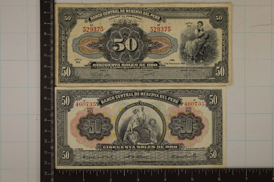 2 PERU BILLS: 1947-50 SOLES & 1954-50 SOLES