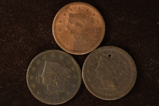 3 US LARGE CENTS DAMAGED: 1844 (ENVIRONEMENTAL