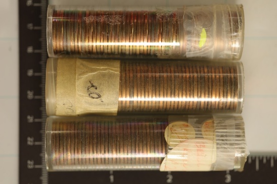 3 SOLID DATE ROLLS OF LINCOLN CENTS: 1963 UNC,