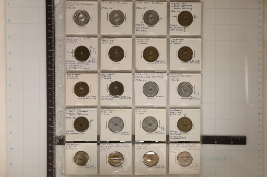 20 ASSORTED METAL TAX TOKENS FROM THE 1930'S,