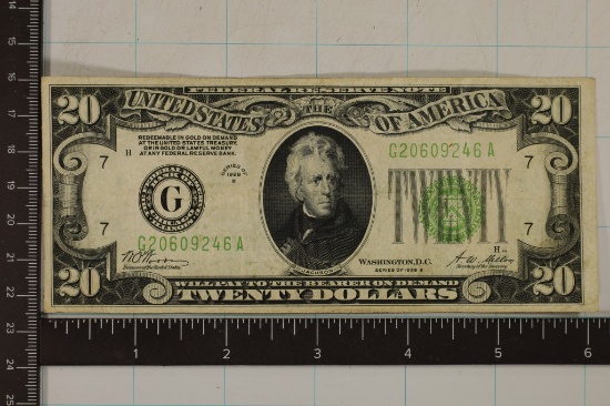 1928-B US $20 GREEN SEAL REDEEMABLE IN GOLD ON