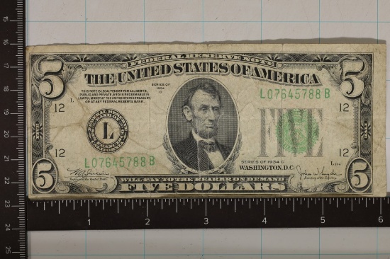 1934-C US $5 FRN, GREEN SEAL LARGE MARGIN 1 SIDE