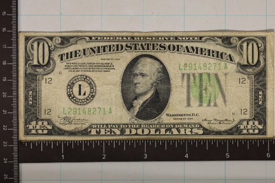 1934 US $10 FRN, GREEN SEAL MISPRINT ON REVERSE