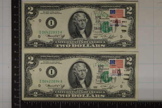 2-1976 US $2 FRN GREEN SEAL'S CRISP UNC WITH US