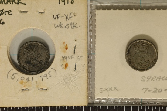 1917&1918 DENMARK SILVER 10 ORE COINS .0372 OZ.ASW