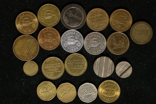 20 ASSORTED TOKENS: CARWASH, BALLY'S, TELEPHONE,