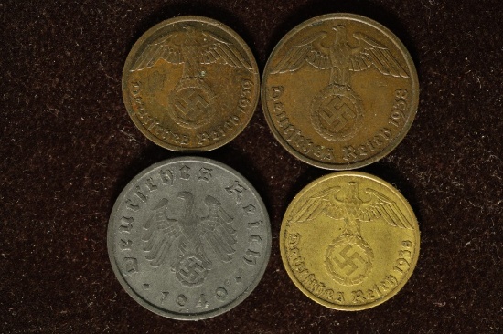 4 GERMAN PFENNING COINS WITH SWASTIKAS 1939-A ONE