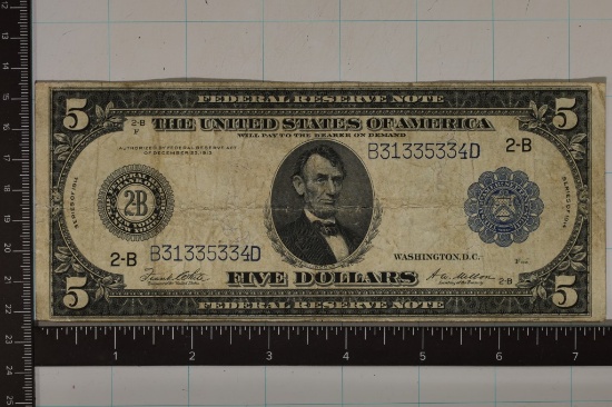 SERIES 1914 US $5 FRN LARGE SIZE BLUE SEAL "HORSE