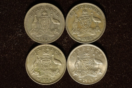 1951, 53, 54 & 1963 AUSTRALIA SILVER 6 PENCE COINS