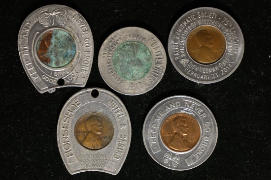 5-ENCASED LINCOLN CENTS, 3 WHEATS AND 2 MEMORIAL: