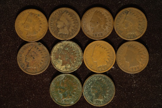 10 ASSORTED INDIAN HEAD CENTS: 1887-1901