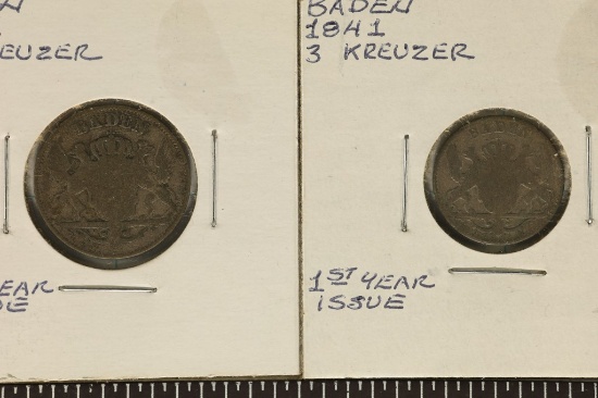 2-1841 BADEN SILVER COINS: 3 KRUEZER & 6 KRUEZER