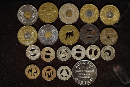 20 ASSORTED METAL TRANSPORTATION TOKENS: