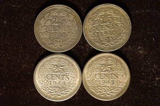 1928, 40, 44 & 1945 NETHERLANDS SILVER 25 CENTS