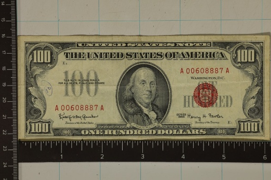 1966 US $100 RED SEAL NOTE. INK ON LEFT OF OBVERSE