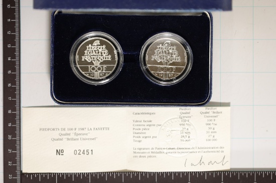 SILVER 2 COIN 1987 FRENCH PIEDFORTS SET 1 PF 1 UNC