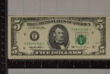 1995 US $5 FRN GREEN SEAL STAR NOTE. CRISP UNC