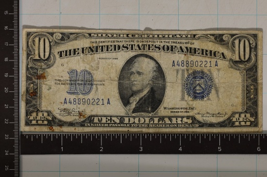 1934 US $10 BLUE SEAL SILVER CERTIFICATE WITH SOME