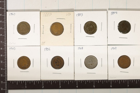 8 ASSORTED INDIAN HEAD CENTS: 1863, 1880, 1893