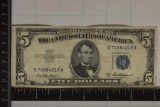 1953-A US $5 SILVER CERT, BLUE SEAL