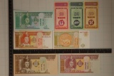 8 MONGOLIA BILLS: 1 SET OF 10,20 & 50 MONGOS & 1