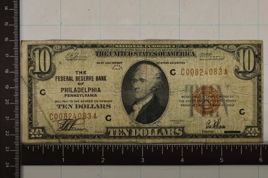 MIS PRINT 1929 US $10 NATIONAL CURRENCY BROWN SEAL