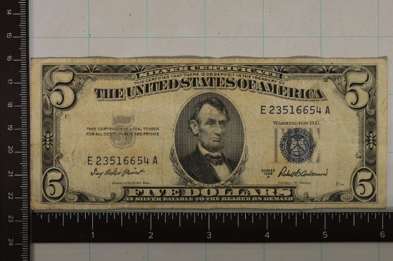 1953-A US $5 SILVER CERT, BLUE SEAL