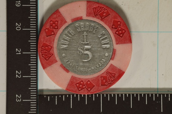 $5 NORTH SHORE CLUB CASINO CHIP. LAKE TAHOE