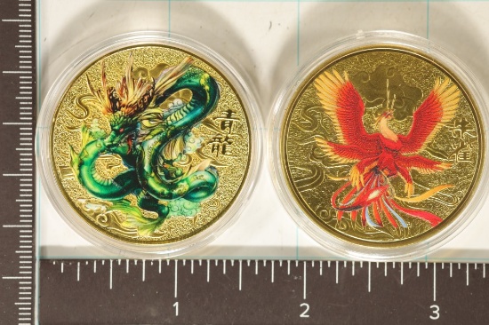 2 GOLD PLATED COLORIZED MYTHICAL CREATURES COINS