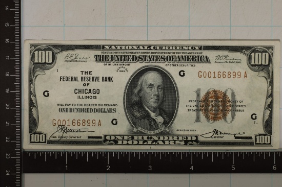 1929 US $100 NATIONAL CURRENCY, BROWN SEAL.