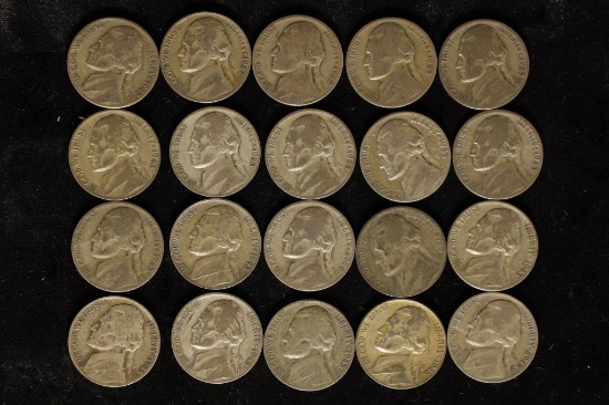 20 ASSORTED 35% SILVER JEFFERSON WAR NICKELS: 1942
