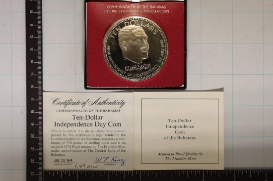 1974 BAHAMAS STERLING SILVER PROOF $10 COIN