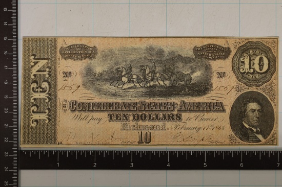 1864 CONFEDERATE STATES OF AMERICA $10 OBSOLETE