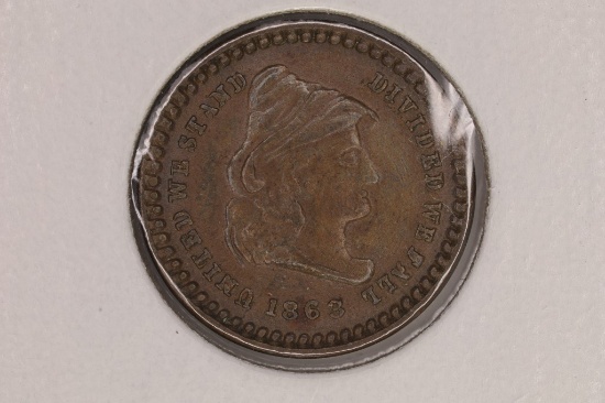 1863 CIVIL WAR TOKEN. "UNITED WE STAND, DIVIDED WE