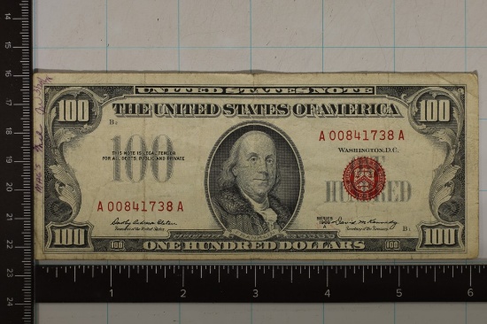 1966-A US $100 RED SEAL NOTE WRITING ON LEFT OBV