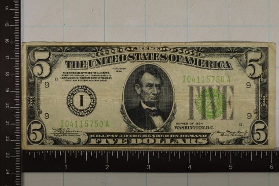1934 US $5 FRN, GREEN SEAL.