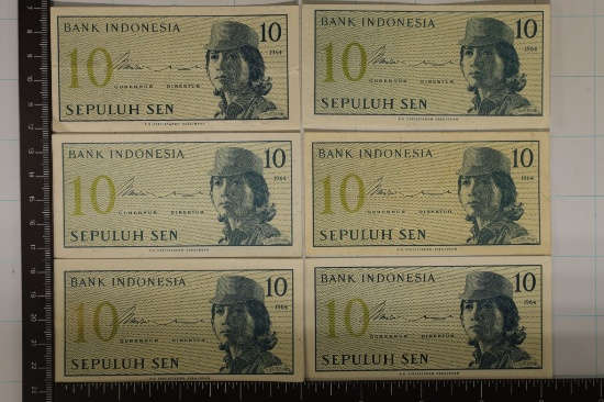 6-1964 INDONESIA 10 SEN BILLS.  5 ARE CRISP UNC