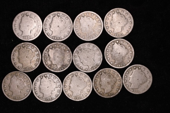 13 ASSORTED LIBERTY "V" NICKELS: 1900-1912. NO
