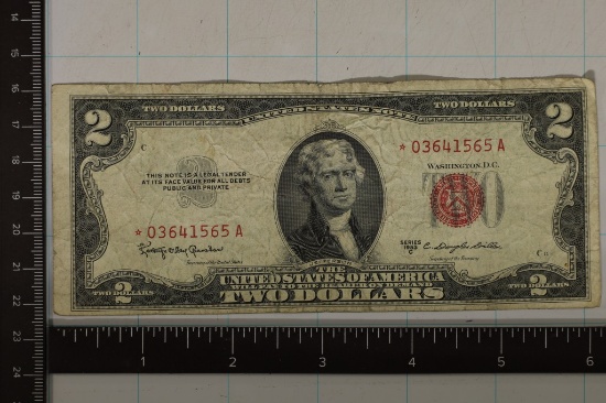 1953-C US $2 RED SEAL STAR NOTE TEAR ON THE BOTTOM
