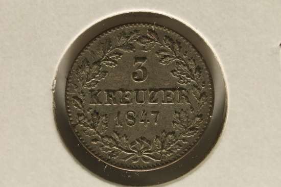 1847 WURTTEMBERG GERMAN SILVER 3 KREUZER