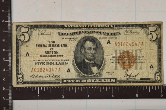 1928 US $5 NATIONAL CURRENCY BROWN SEAL BOSTON